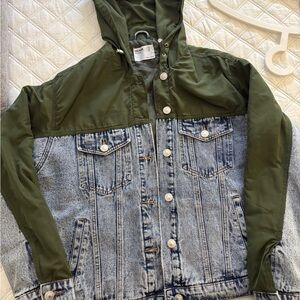 Bershka Olive Green Quilted Jacket with Denim Loop Detail